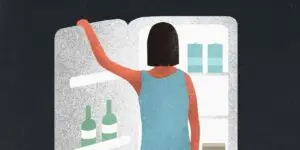 Cartoon graphic of a woman peering into the refrigerator at night